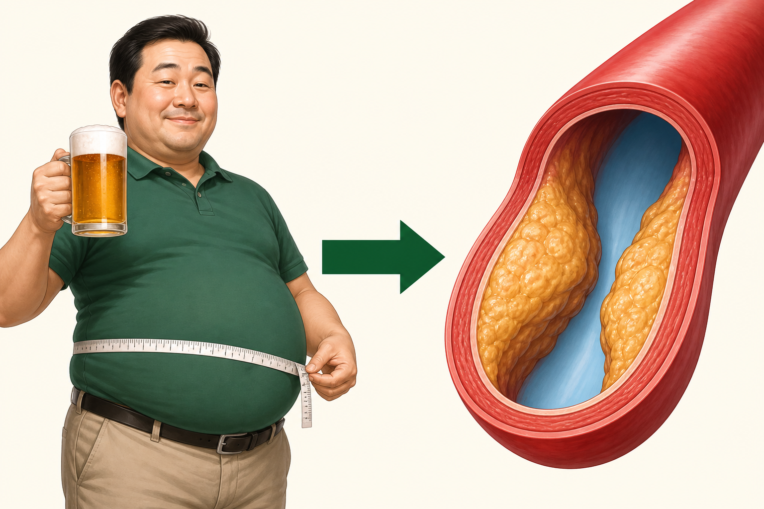 맥주잔을 든 복부비만 남성이 줄자로 복부둘레를 재고 있으며, 오른쪽에는 지방성 플라크로 내부가 좁아진 관상동맥 단면을 보여주는 모식도