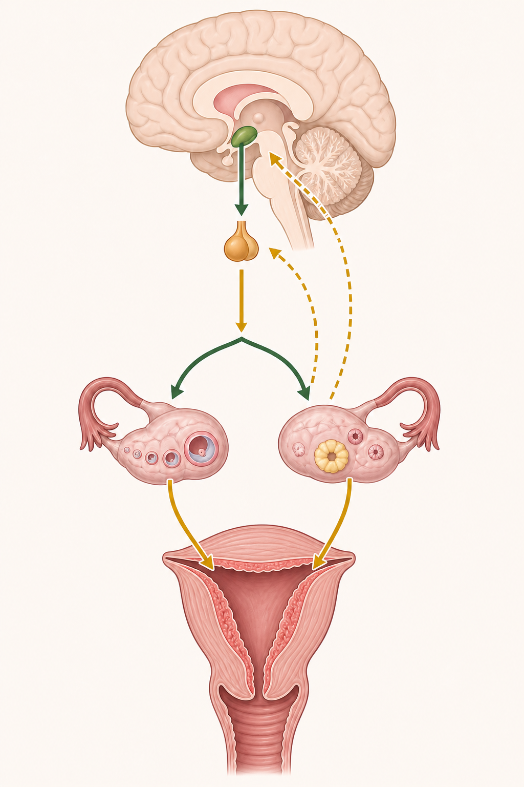 시상하부와 뇌하수체가 난소에 호르몬 신호를 보내고 난소 호르몬이 자궁내막에 작용하는 시상하부 뇌하수체 난소 자궁 축의 자체 제작 모식도
